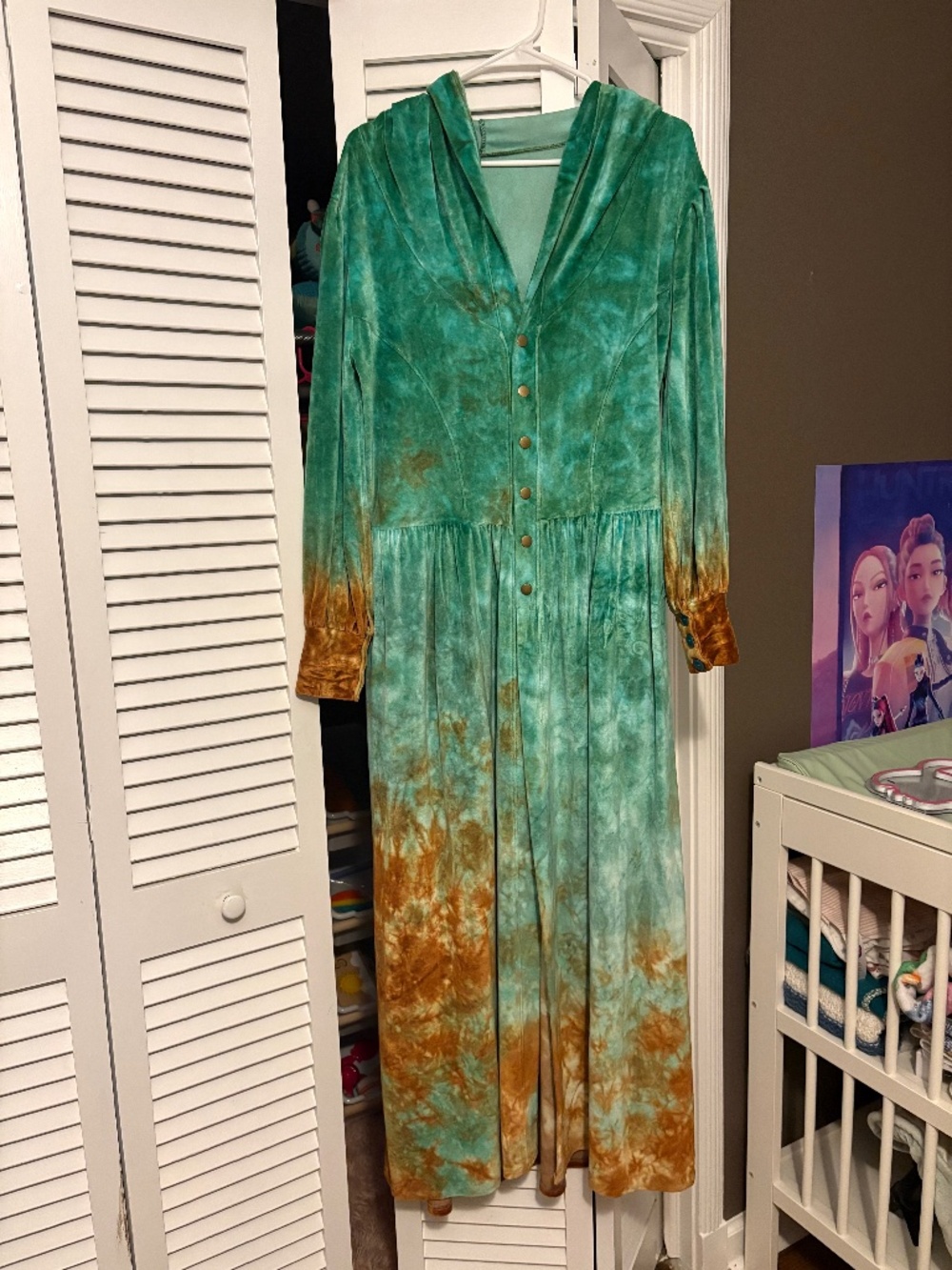Handmade tie-dye velour hooded maxi duster coat